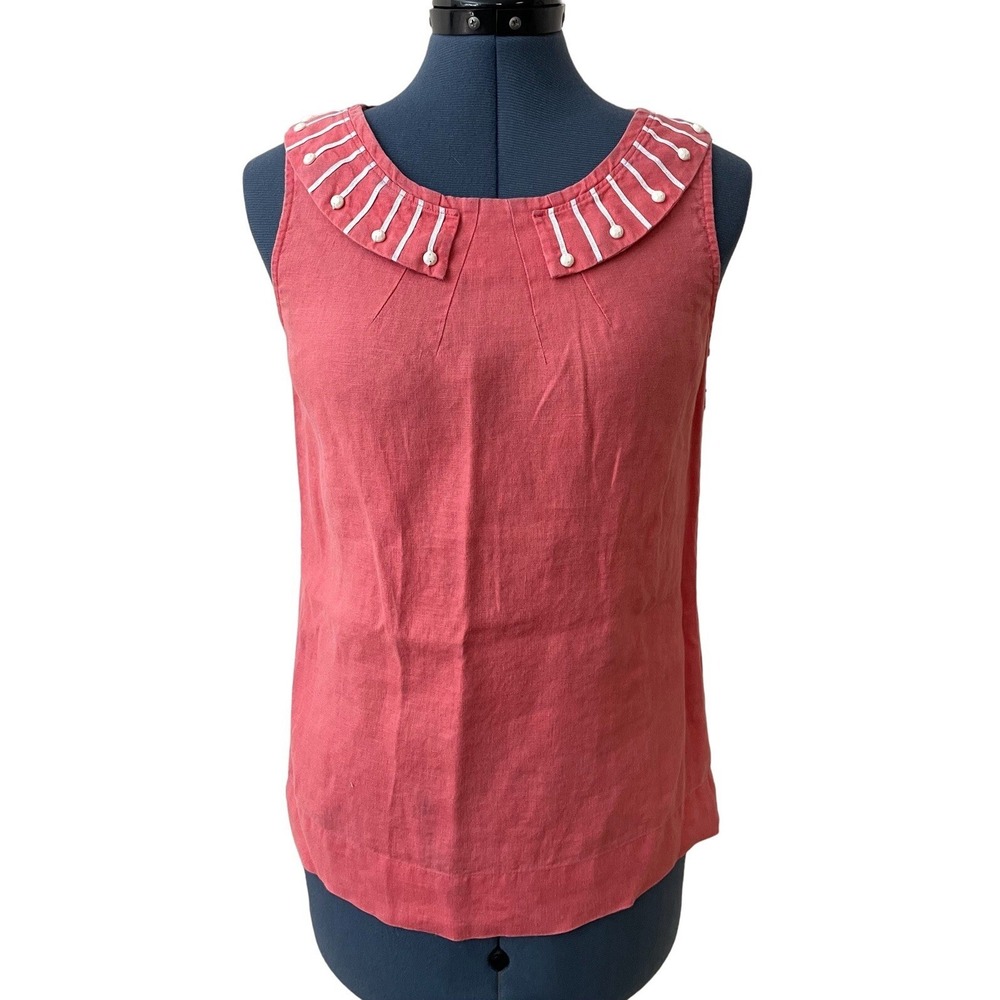 Boden Coral Linen White Beaded Embroidered Sleeveless Top Preppy Beach‎ Work 4
